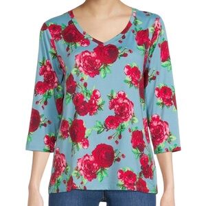 The Pioneer Woman Casual Floral 3/4 Sleeve V Neck Top XL Bold Teal Red